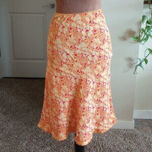 Vintage 2001 Y2K GAP Rayon Floral Bias Cut Midi Skirt Sunset Orange Yellow